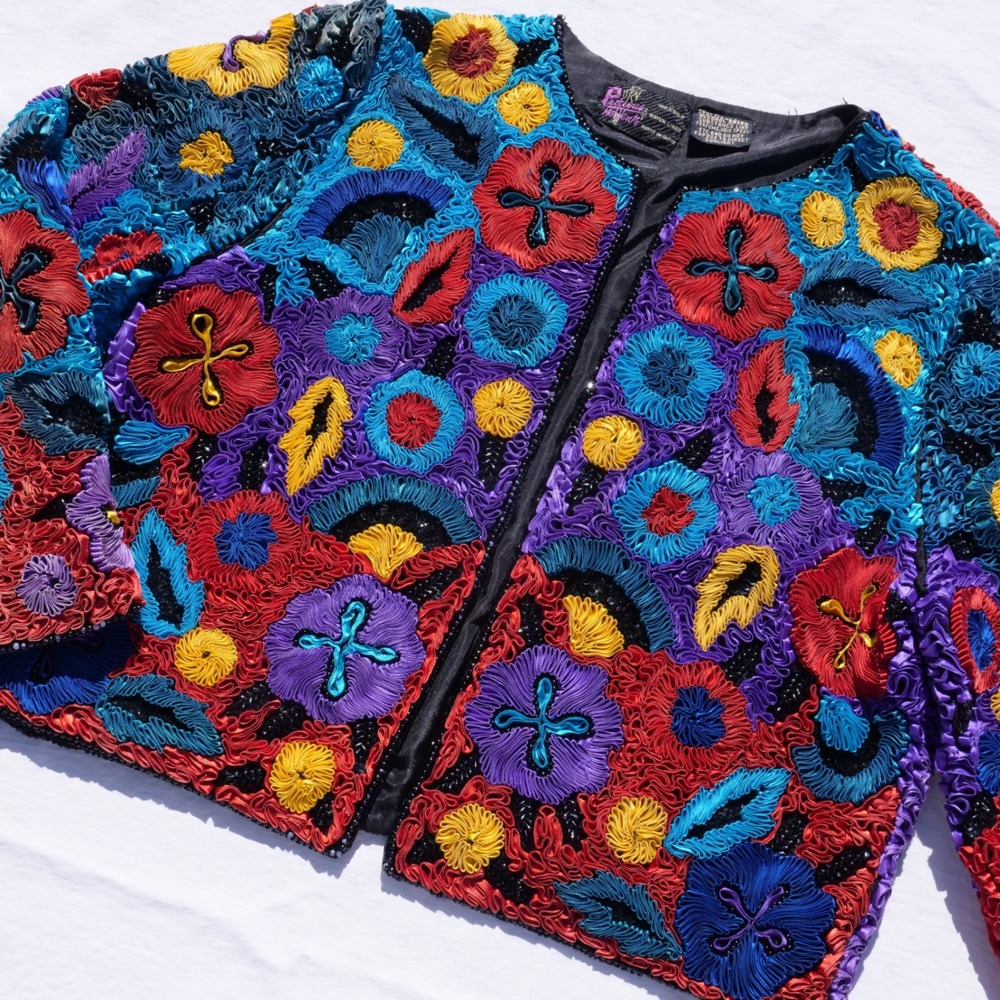 AMAZING vintage 80s/90s Precous Moments ribbon floral cropped jacket